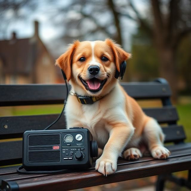 happy puppy sitting on a park bench listening to a shortwave radio with headphone